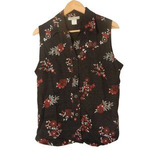Black sleeveless, collared asian  floral print blouse Large, Dressbarn